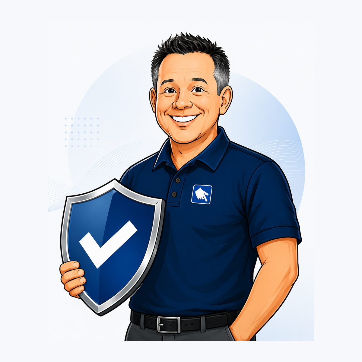 Nick holding a cybersecurity shield