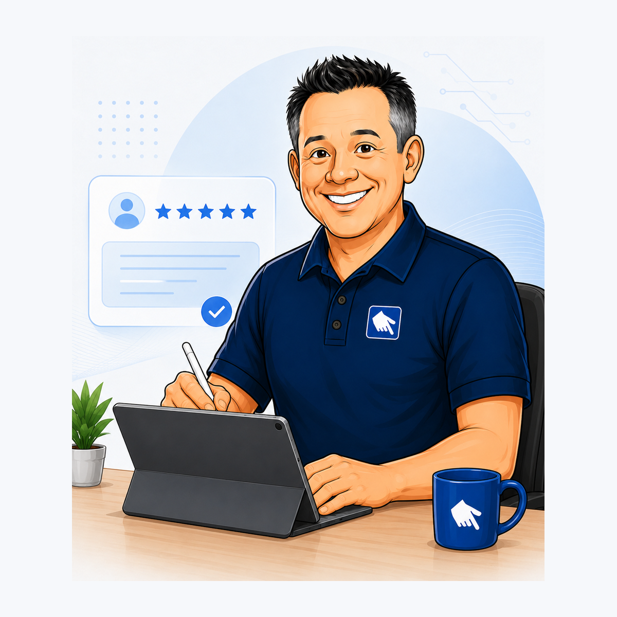 Nick writing a five-star customer review