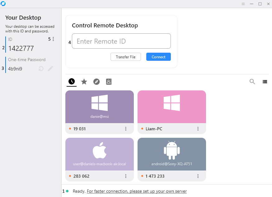 RustDesk main window showing the ID and one-time password on the left