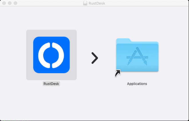 Mac RustDesk disk image showing the RustDesk icon being dragged into Applications