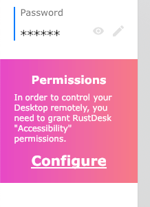 RustDesk permissions notice with a Configure link