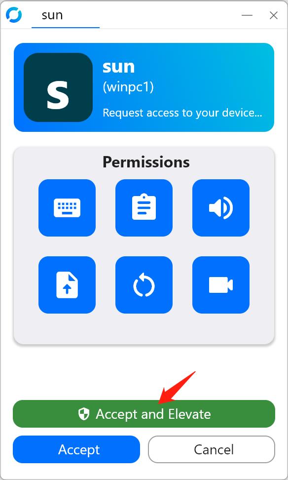 RustDesk incoming connection screen with the Accept and Elevate button highlighted